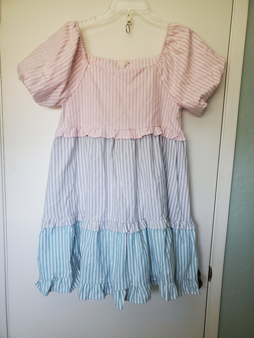 BiBi Striped Womans Tiered Ruffled Puff Sleeved Mini Dress Sz S Babydoll Twee